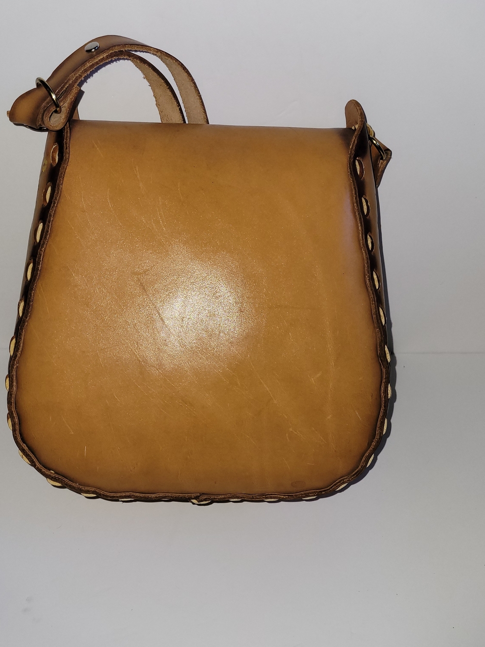 Hand-Painted Tan Leather Crossbody Bag with Floral & Mushroom Motif - Picture 3 of 9